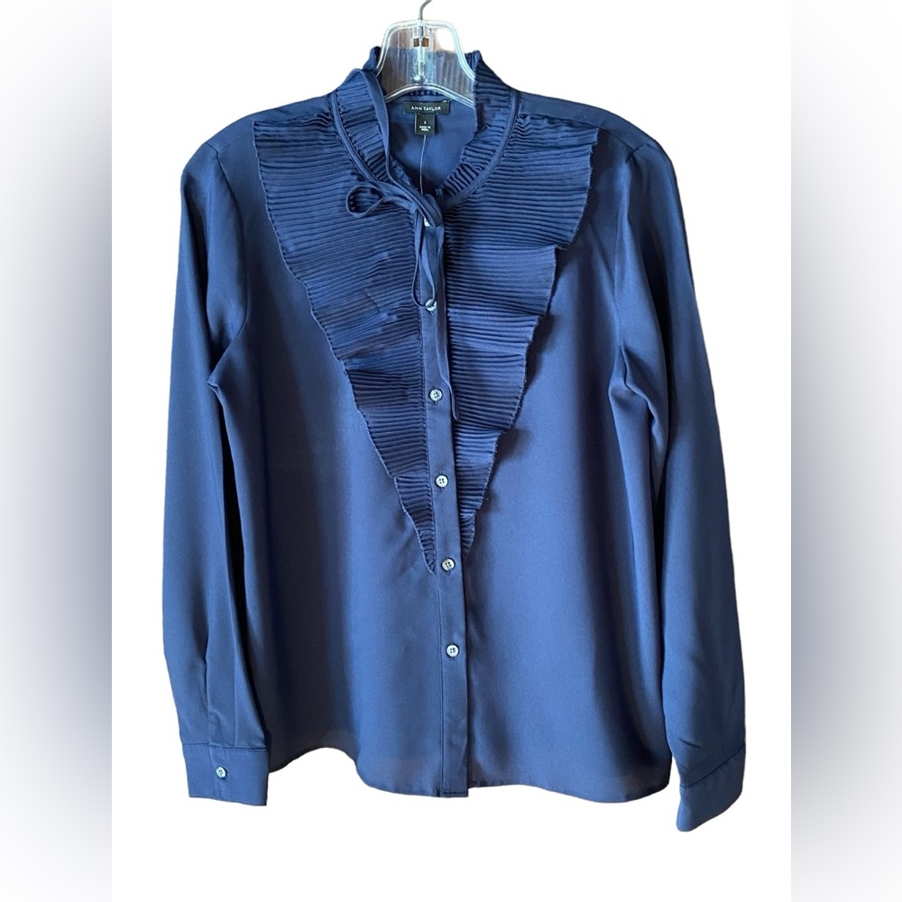 NWT Ann Taylor Dark Blue Ruffled Long Sleeve Blouse Top